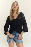 FRONT DRAWSTRING ACCENT CROCHET TOP - CET3553: Denim / S/M-M/L(3-3)