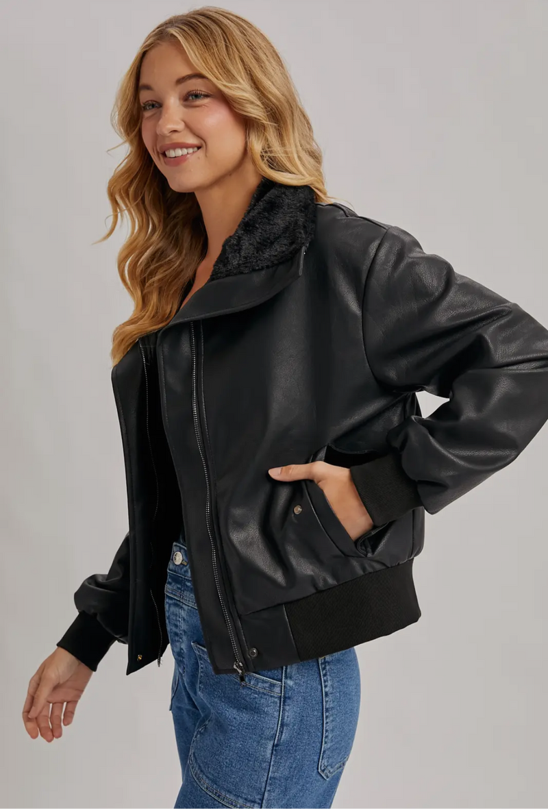 Aviator Faux Leather and Fur Trimmed Bomber Jacket